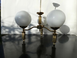 Mcm 3-branch brass chandelier with milk glass covers