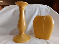 Mustard yellow candle holder and vase together