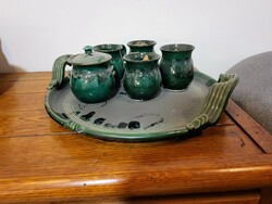 4 ceramic coffee mugs, sugar holder, tray