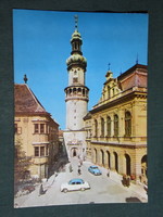 Postcard, sopron, fire tower, storno house skyline, passers-by, car