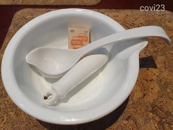 Retro antique large glazed porcelain pharmacy scrubbing mortar mixing bowl or something + spoon and toilet scraper