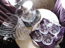 Crystal bowl with silver-plated lid + spoon + tray + 6 glasses + champagne holder