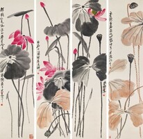 Chi paj-si (qi baishi) lotus of the seasons, reprint print of Chinese painting mural, 4-image series