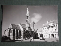 Postcard, Sopron, detail of Beloiannis square, church, Holy Trinity statue, car, passers-by