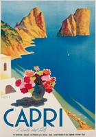 Vintage nyaralási utazási reklám plakát Capri 1952, modern reprint, mediterrán tenger part sziget