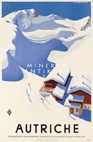 Art deco síelés téli sport havas hegyek Ausztria menedékház hó tájkép Vintage/antik plakát reprint
