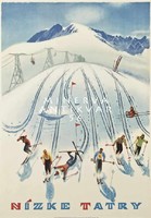 Retro síelés vicces téli sport havas hegyek sífelvonó Tátra síléc hó Vintage/antik plakát reprint