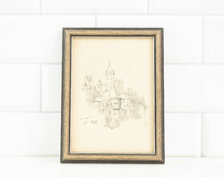 Gothic castle - pencil drawing in frame, under glass