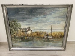 Kloton Péter Balaton stégen horgászók csónak vízpart tájkép festmény