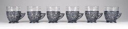 1Q260 set of 6 silver-plated metal glasses with old applied art glass inserts