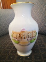 Herend vase, with the image of the Debrecen museum, with green and gold Hungarian motifs