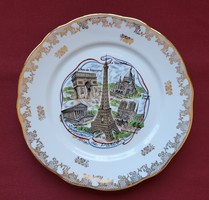 French porcelain plate with Paris landmarks with gold pattern, Paris souvenir