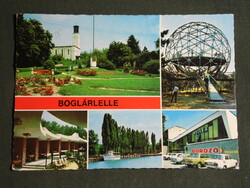 Postcard, Boglárlelle mosaic details, spherical observatory, church, monument, lightning wine restaurant, boat harbor