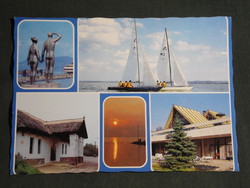 Postcard, balaton, Fonyód mosaic details, sailing, delta restaurant, couple statue, press house, sunset
