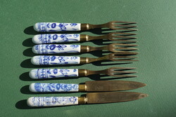 Antik evőeszköz készlet Meissen porcelán ausztria "onion" mintás porcelán testű réz villa kés