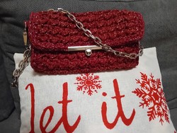 Burgundy casual bag crocheted from cord yarn interwoven with gold and silver