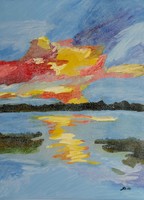 "Napkelte a vízparton" olajfestmény, anyaga vászon, mérete 70 x 50 cm, szignózott