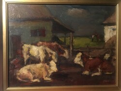 Chiovini Ferenc (1899-1981): Pihenő tehenek, olajfestmény 31 x 42 cm,  keretben