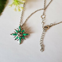 New, green, glittery fire enamel pendant necklace in the shape of a sunflower