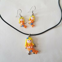 New, orange, mermaid-decorated jewelry set: necklace + earrings