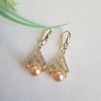 New, peach pearl, rhinestone earrings, bijou earrings