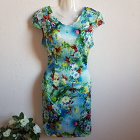 New, approx. M floral print, slimming, silk dress, midi dress