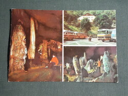 Postcard, aggtelek jósvafő, mosaic details, dropstone cave, parking lot with Ikarus buses
