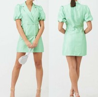 New 38/s Shiny Mint Green Puff Sleeve Blazer Dress Diamond Button Mini Dress