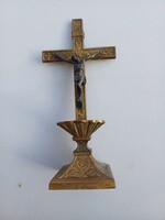 Antique bronzed pewter table cross with holy water