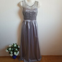 New M/42 Silver Color Tulle Sequined Satin Casual Dress Sleeveless Maxi Dress