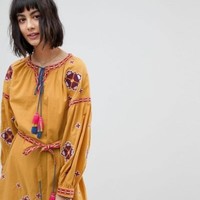 New s long sleeve embroidered mustard dress with belt