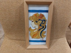 (FBL7) Szép üvegfestmény 23x12 cm kerettel szignózott