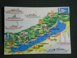 Postcard, balaton, mahart shipping company, graphic drawing, map, route, time, towns, ships