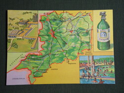 Postcard, Bük spa beach mosaic, graphic drawing, county map, mineral water