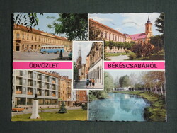 Postcard, Békéscsaba, mosaic details, Rózsa Ferenc high school, church, hotel, Kőrös, Ikarus bus
