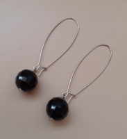 Retro silver long hook-on earrings studded with black knobs