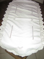 Beautiful azure embroidered crochet lace edged oval white tablecloth runner