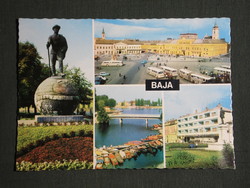 Képeslap, Baja, mozaik részletek,Sugovica híddal,Főtér, buszpályaudvar,Ikarus autóbusz, Jelky szobor
