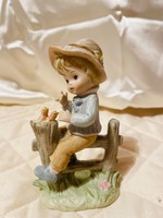 Vintage lefton hand painted Taiwanese porcelain figurine boy with bird branches