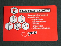 Kártyanaptár, Mister Minit cipőjavítás, kulcsmásolás,élezés, grafikai rajzos,reklám figura,1996, (6)