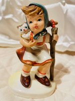 Vintage lefton hand-painted Taiwanese porcelain figure - alpine hiker girl with cat