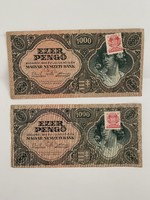One thousand pengő 1000 pengő 1945 (2 pieces) crispy rarity! Dézma stamp, low serial number, misprint!