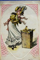 Antique embossed hand-colored Easter greeting card - little lady, chicks in a basket