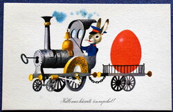 Retro Húsvéti  üdvözlő  képeslap  Kecskeméti Károly grafika - nyuszi tojás, mozdony