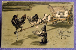 Antique embossed Easter litho greeting card - bunny collecting eggs, hen chick on cart 1904