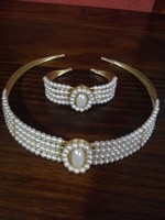 Unique white simulated 4 row pearl necklace with matching bracelet