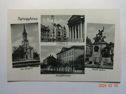 Régi postatiszta Weinstock képeslap: Nyíregyháza, részletek (ref. templom, Széchenyi-út, Hősök szobr