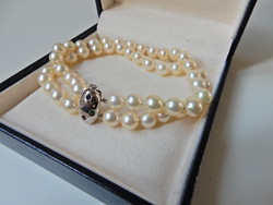Double Row Genuine Akoya Pearl Bracelet with 14K White Gold Clasp and Gemstones