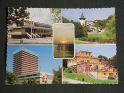 Postcard, Balatonalmádi, mosaic details, aurora hotel, post office, resorts, sunset