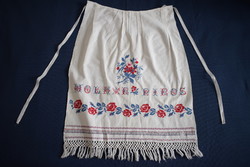 Old embroidered apron 56 x 63 cm + fringe miller red, small defect